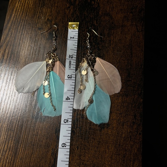 Boho Feather Dangle Earrings Multicolor Pastel with Gold Chains & Discs 5” Long - Picture 3 of 3